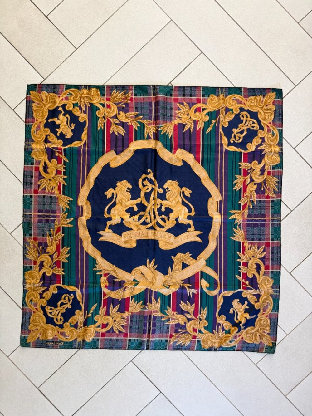 80's 90's Ralph Lauren Lion Crest Tartan & Stripe Silk Scarf - Picture 5 of 5